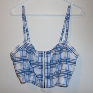 UO Alice Blue & White Zip Up Crop Top